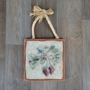 Strawberry Wall Decor Countrycore Kitchen Art Terracotta Tile with Raffia Hanger